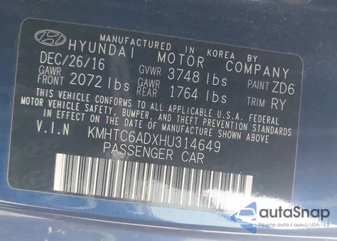 2017 Hyundai Veloster Value Edition z USA, uszkodzony, nr VIN KMHTC6ADXHU314649